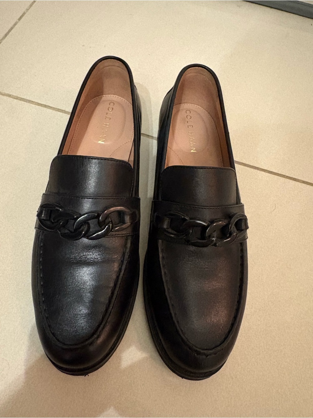 Cole Haan Black Leather Chain-Trim Penny Loafers